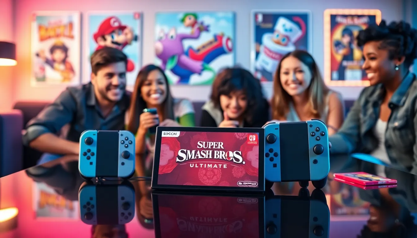Friends enjoying Nintendo Switch Super Smash Bros Bundle in a lively gaming setting.