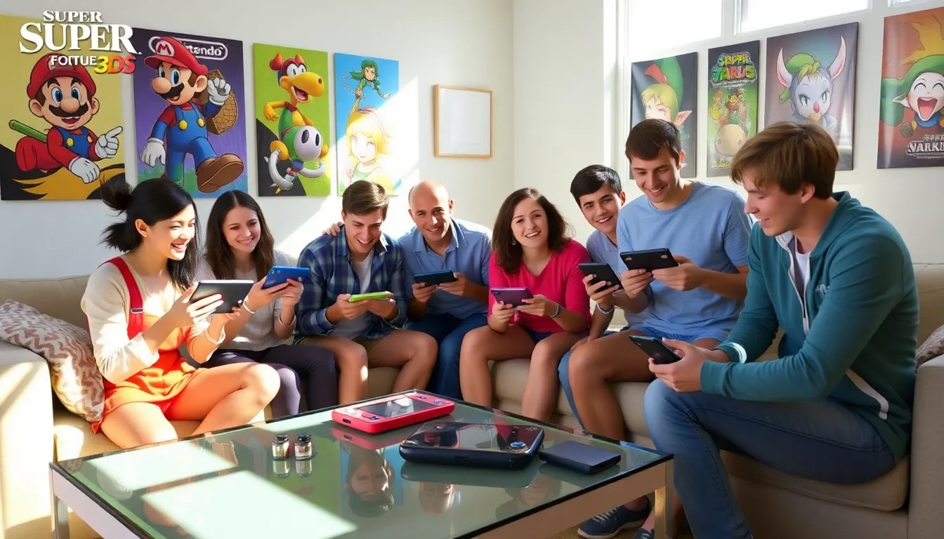 young adults enjoying Super Smash Bros for 3DS in a modern living room.