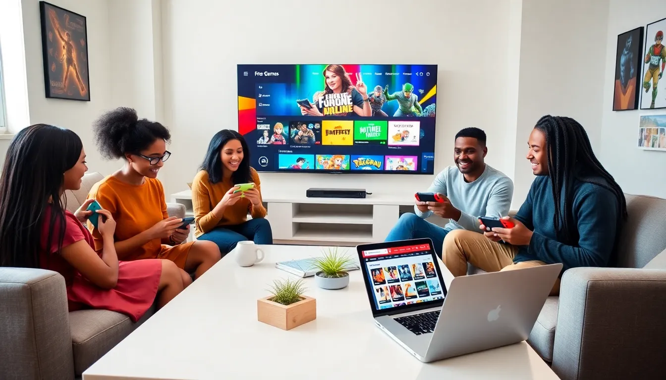 young adults discussing free games on Nintendo Switch in a cozy living room.