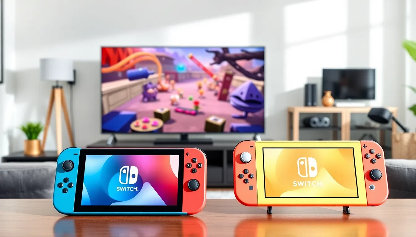 comparison of Nintendo Switch and Switch Lite in a gaming setup.