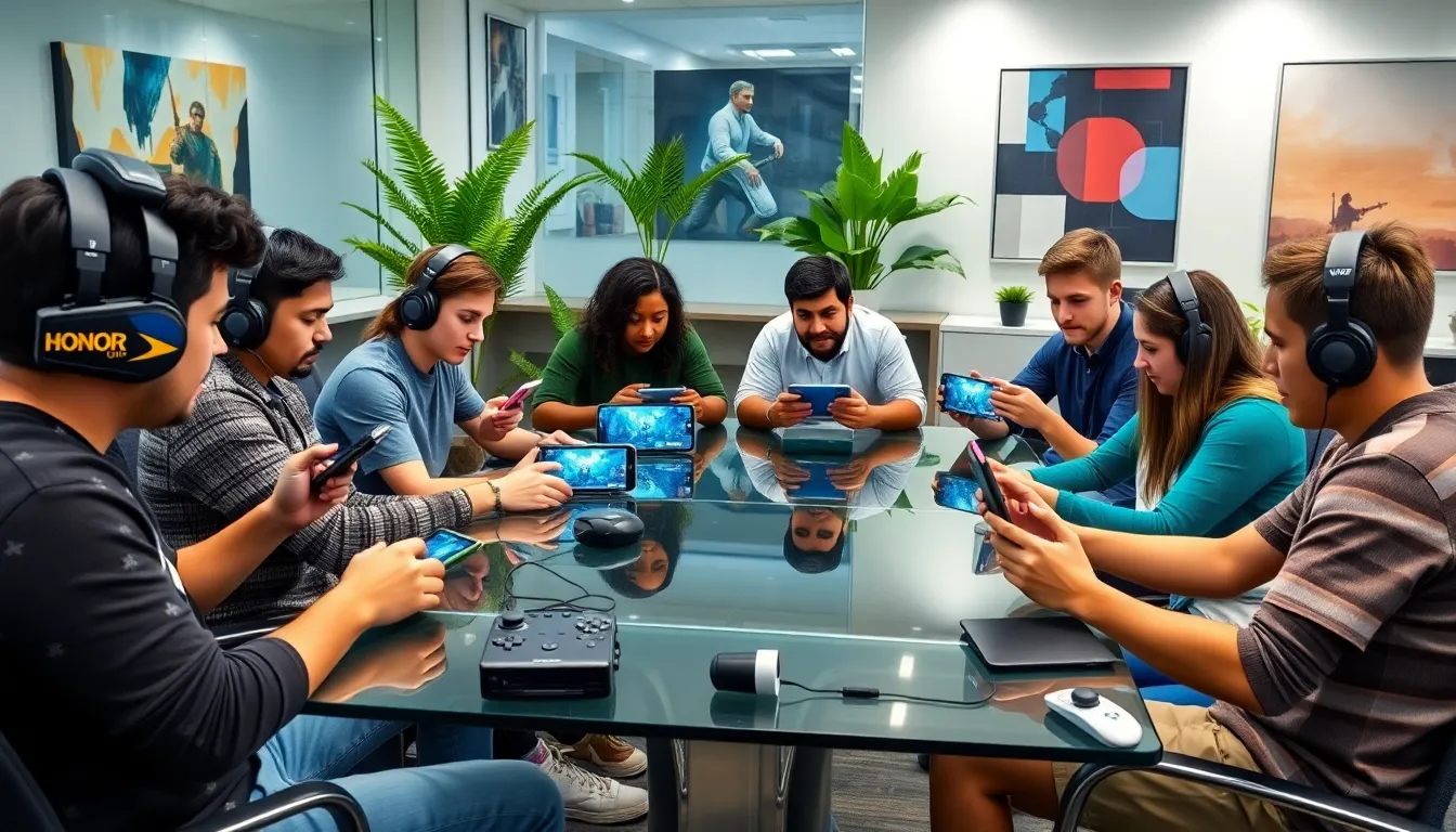 diverse gamers collaborating in a modern workspace.