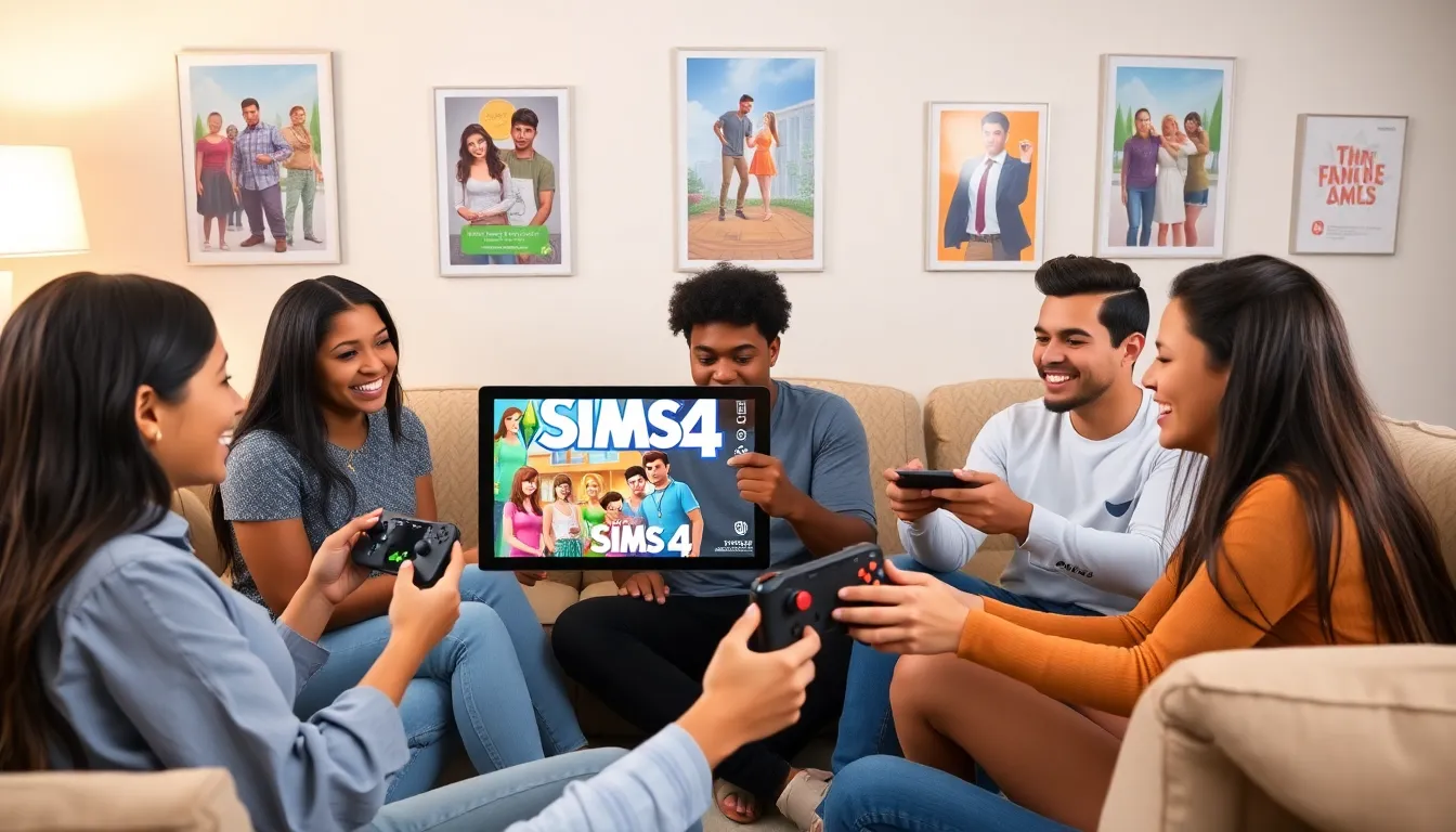 diverse group of friends playing The Sims 4 on Nintendo Switch.