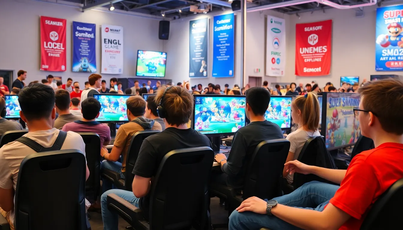 diverse group of players competing in a Super Smash Bros tournament.