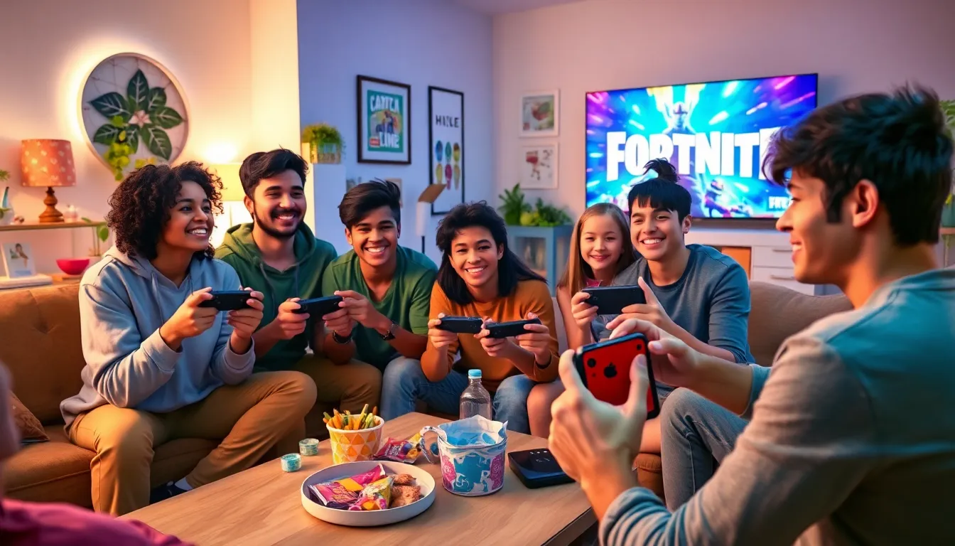 young gamers enjoying Fortnite on a Nintendo Switch in a cozy living room.
