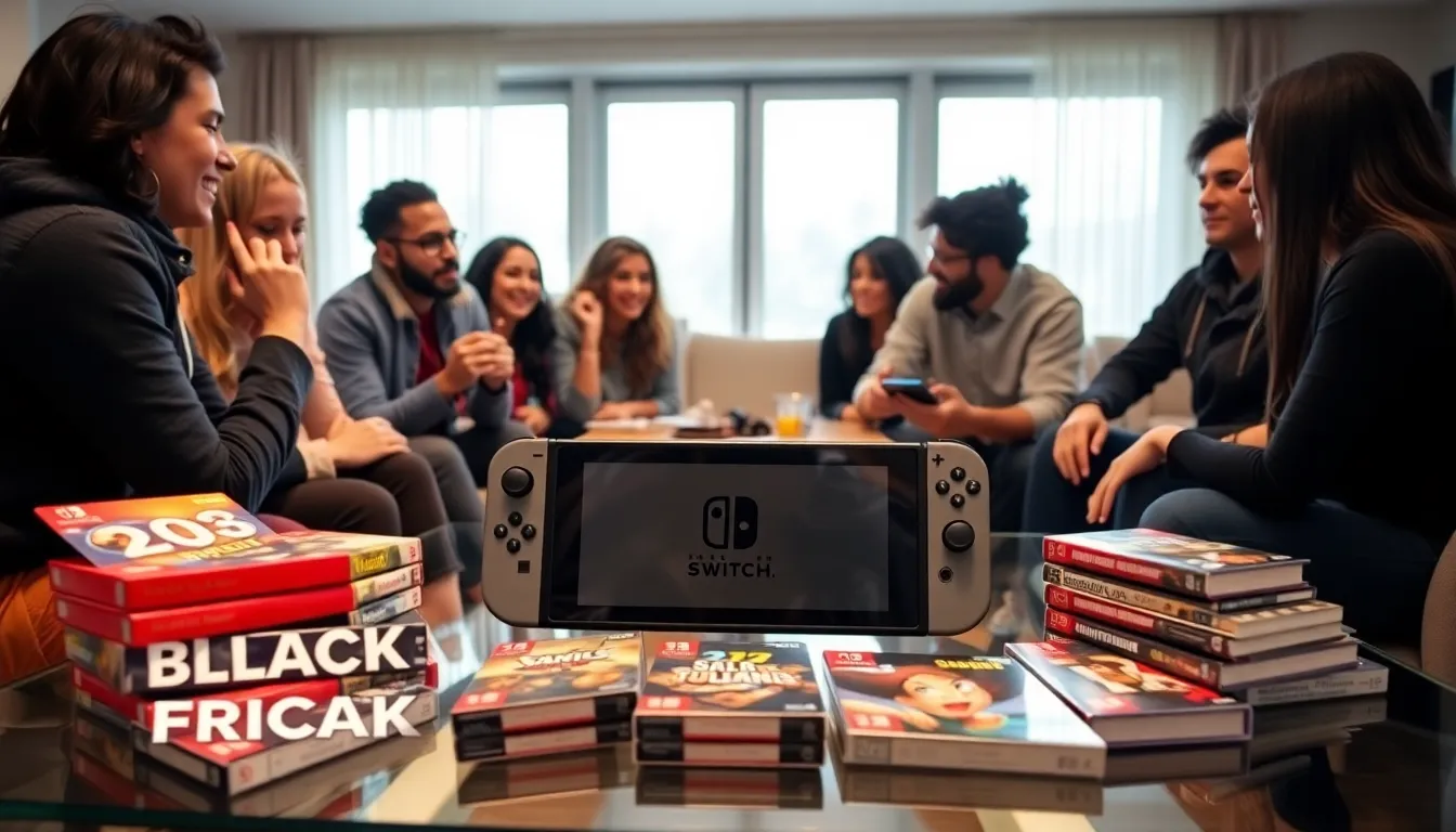 Nintendo Switch console on a table with friends discussing games.