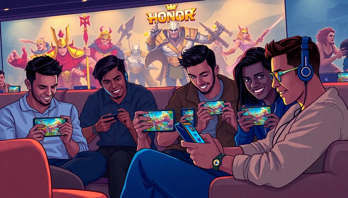 diverse gamers engaged in playing Honor of Kings in a modern lounge.
